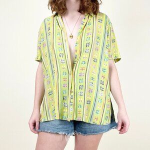 Vintage Novelty Shoe Print Button Up Blouse Oversized Top Hawaiian Shirt 90s Y2K